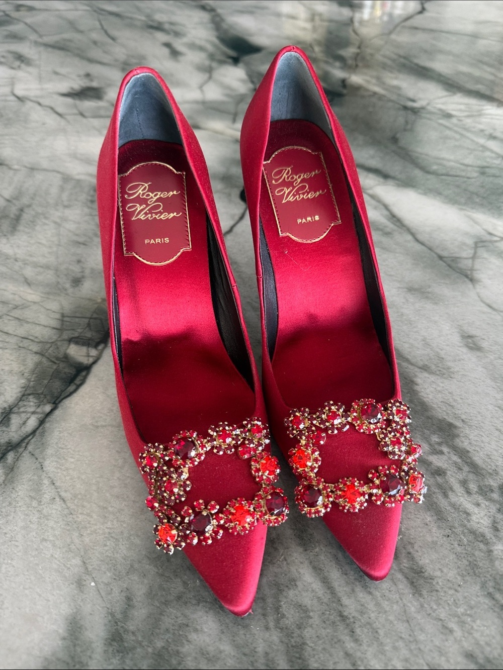 Roger Vivier Red Satin Jewel Buckle Pointed Pumps